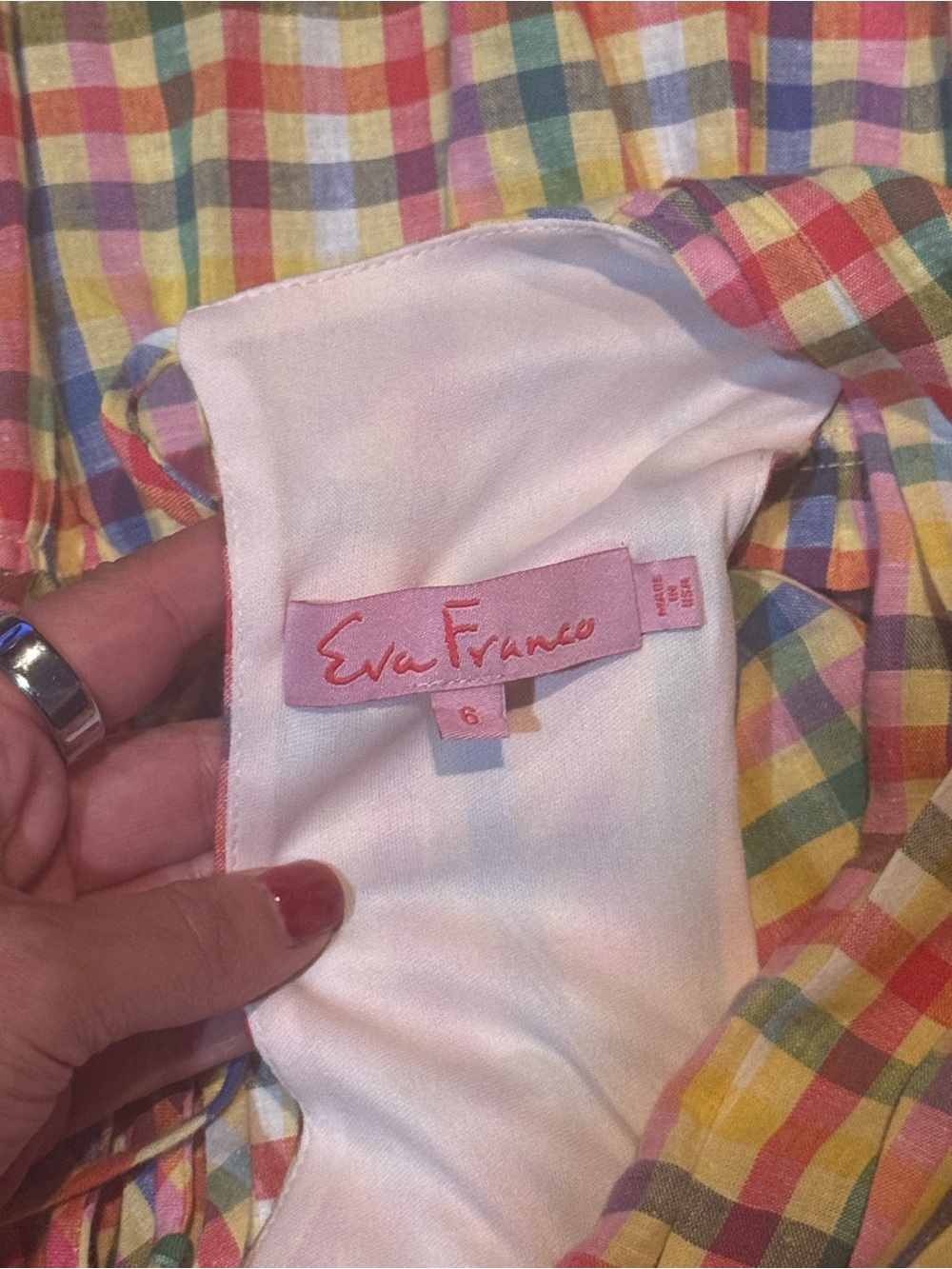 Eva Franco Pale Pink Silk-Look Fabric with Red Nail Accent